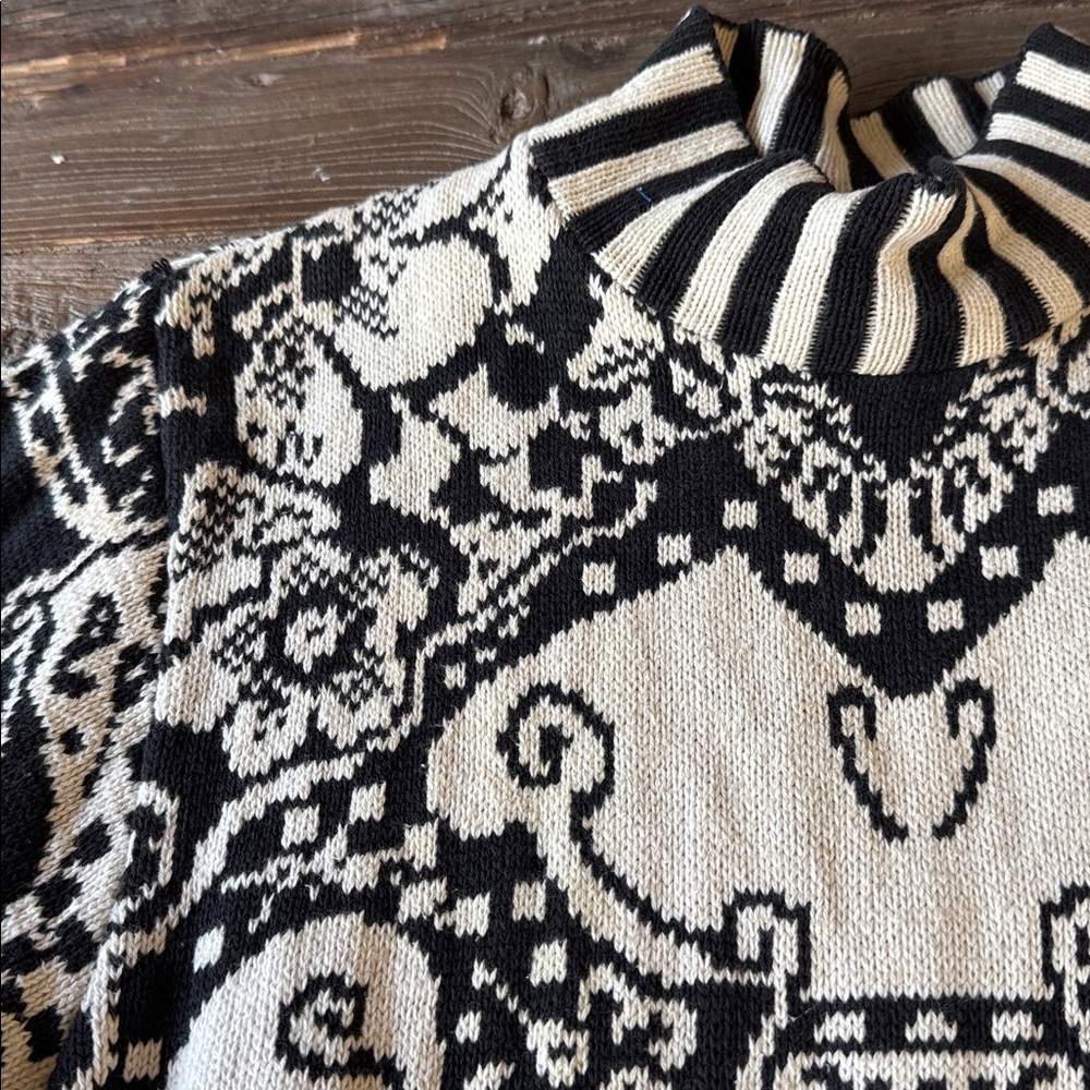 Pierre Cardin vintage baroque black cream cotton high neck tunic sweater Medium - Picture 2 of 5